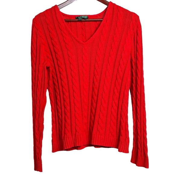 Lauren Ralph Lauren Size Large Women’s V Neck cable knit  sweater vintage red - Picture 1 of 8